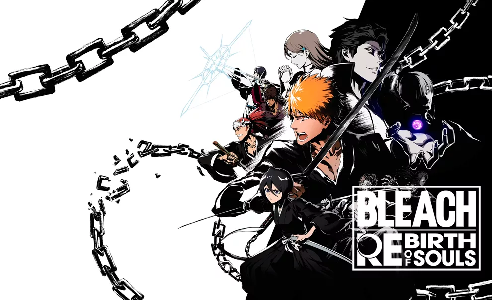 Vários personagens à frente de um fundo preto e branco do jogo Bleach Rebirth of Souls.