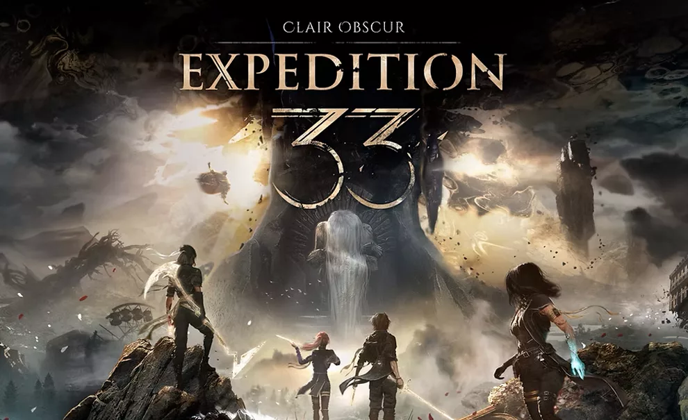 Capa de Clair Obscur Expedition 33 com 4 personagens olahndo pra uma paisagem em direção a vilã.