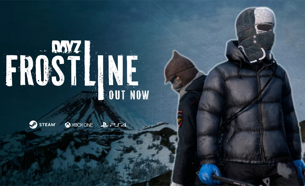 Duas pessoas bem agasalhadas no cenário gelado de DayZ Frostline.