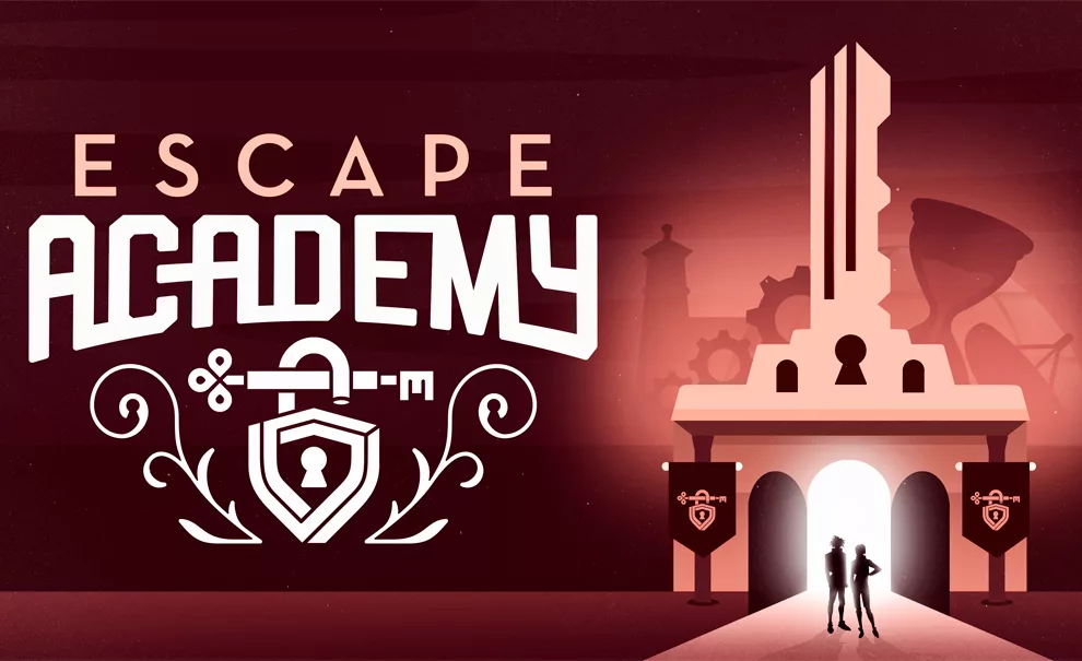 A esquerda a logo de Escape Academy e a direita uma entrada de um local em formato de chave.