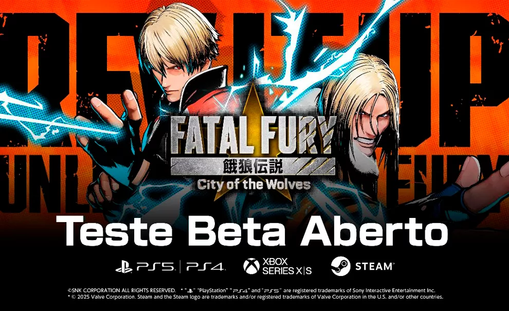 Rocky e Terry de costas um para o outro e raios saindo da logo de Fatal Fury City of the Wolves.