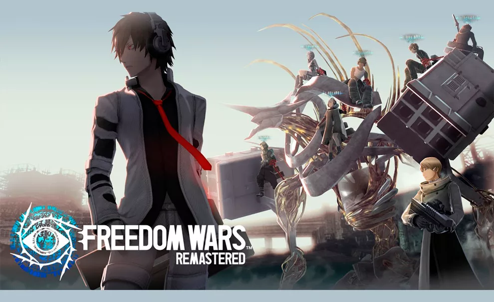 Protagonista de Freedom Wars Remastered está a esquerda na imagem, olhando de lado, ao fundo um monstro e vários personagens.