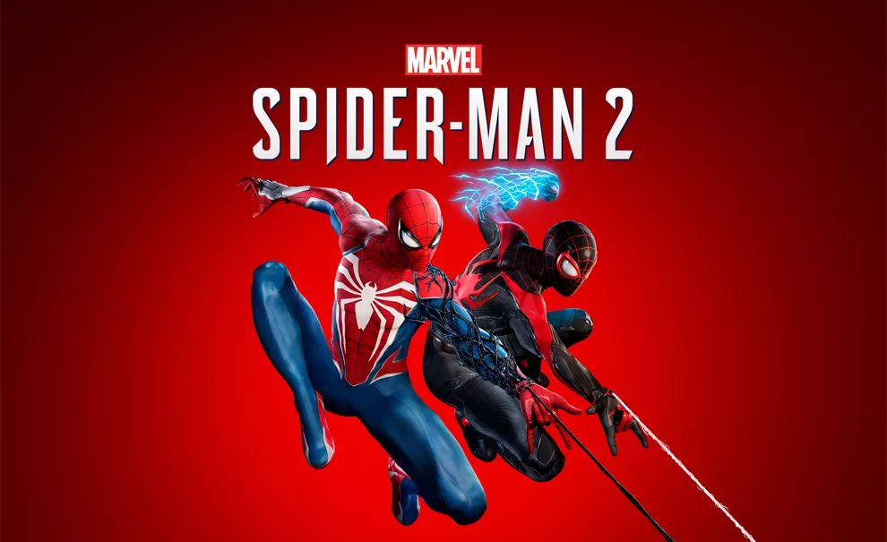 Capa de Marvel's Spider-Man 2 com Peter Parker e Miles Morales em um fundo vermelho.