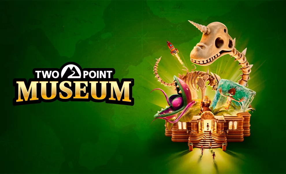 Logo de Two Point Museum à esquerda e à direita a imagem de um museu, um esqueleto de dinossauro, um foguete, um homem pré-histórico e uma planta carnívora.