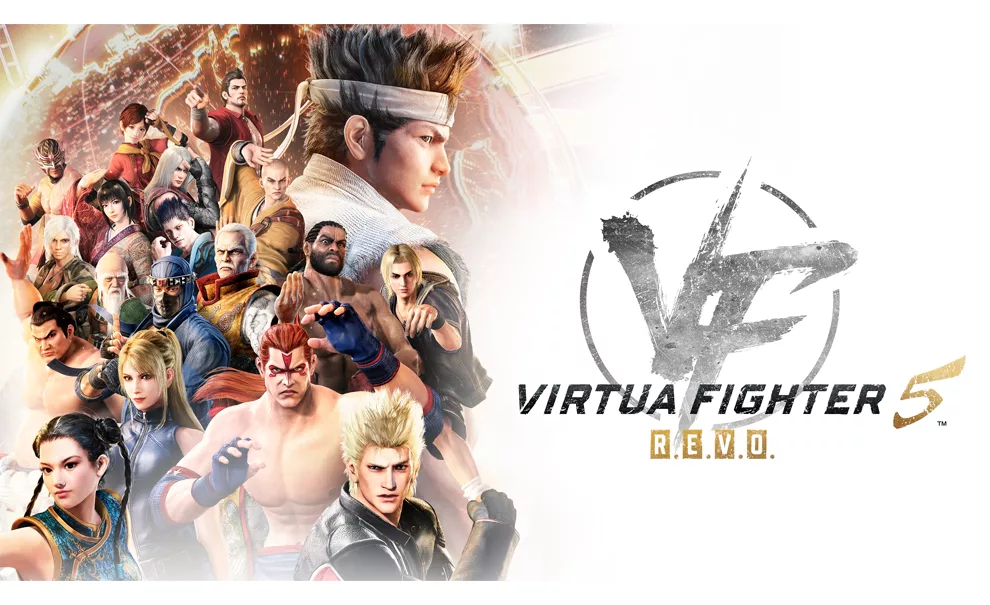 Vários Lutadores de Virtua Fighter 5 R.E.V.O. à esquerda da imagem, e à direita a logo do jogo.