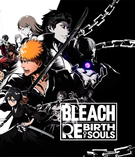 Vários personagens à frente de um fundo preto e branco do jogo Bleach Rebirth of Souls.