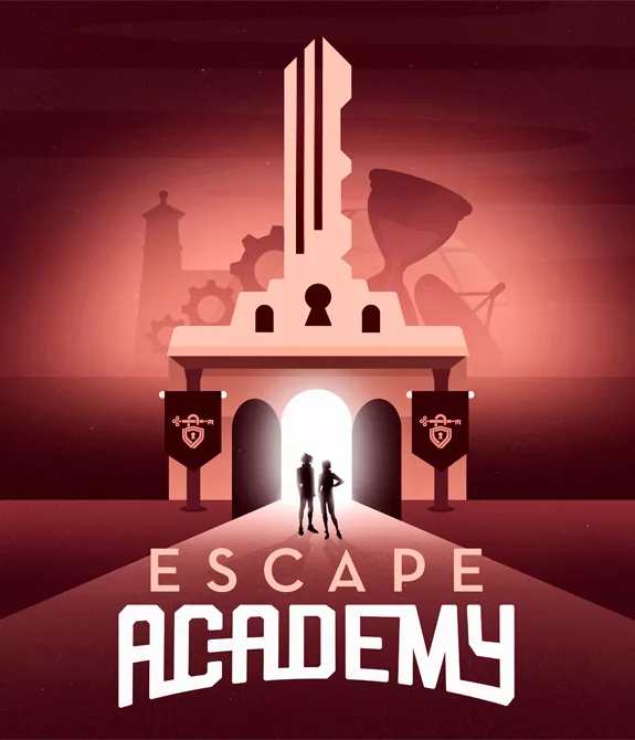 A esquerda a logo de Escape Academy e a direita uma entrada de um local em formato de chave.