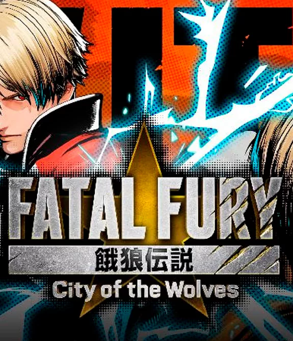 Rocky e Terry de costas um para o outro e raios saindo da logo de Fatal Fury City of the Wolves.