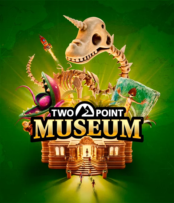 Logo de Two Point Museum à esquerda e à direita a imagem de um museu, um esqueleto de dinossauro, um foguete, um homem pré-histórico e uma planta carnívora.