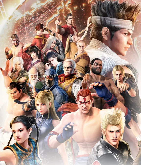 Vários Lutadores de Virtua Fighter 5 R.E.V.O. à esquerda da imagem, e à direita a logo do jogo.