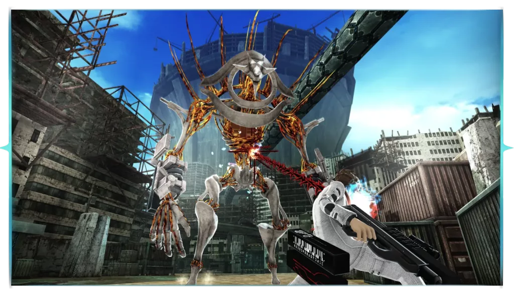 Um monstro sendo enfrentado pelo protagonista de Freedom Wars Remastered.