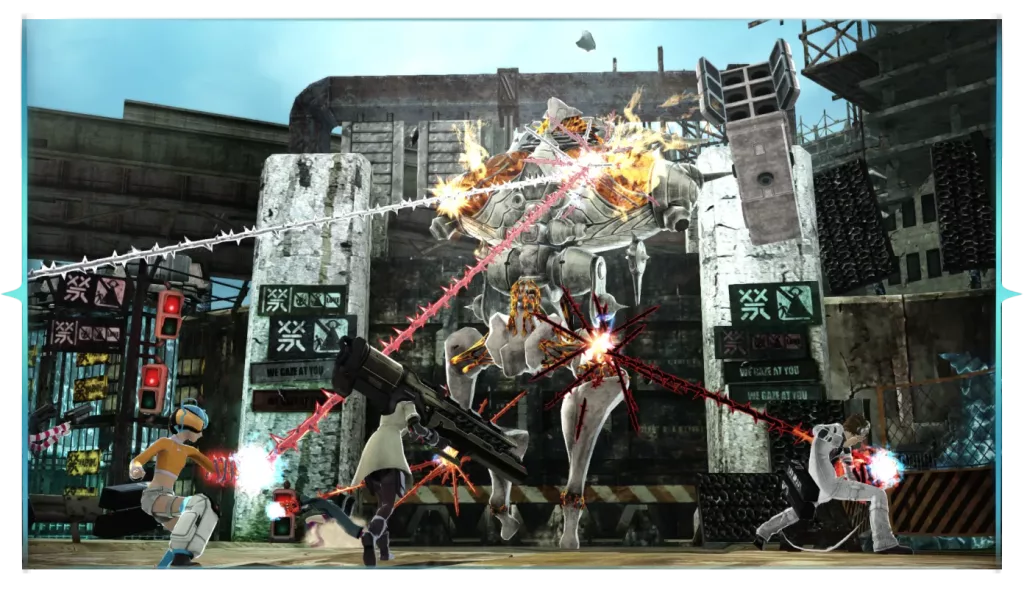 3 personagens lutam com um monstro em Freedom Wars Remastered.