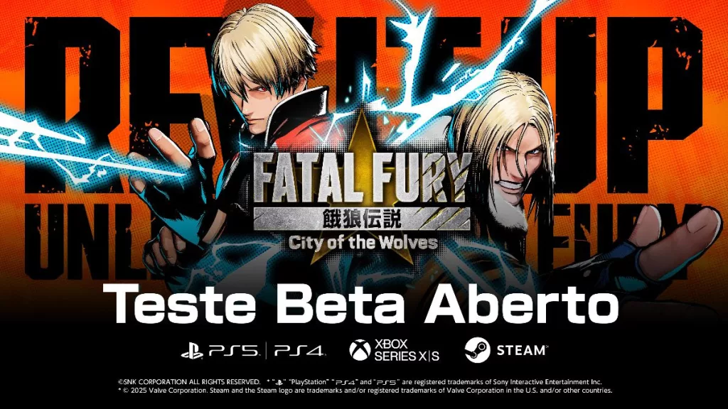 Rocky e Terry de costas um para o outro e raios saindo da logo de Fatal Fury City of the Wolves.