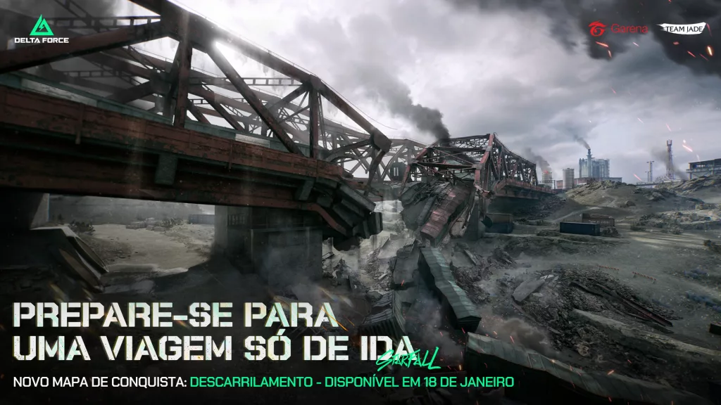 Imagem de uma ponte de trilho de trem quebrada em Garena Delta Force.