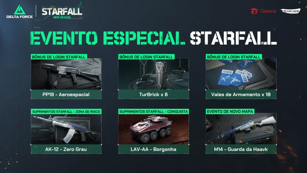 Imagem do Evento Especial Starfall em Garena Delta Force, com vários bônus.