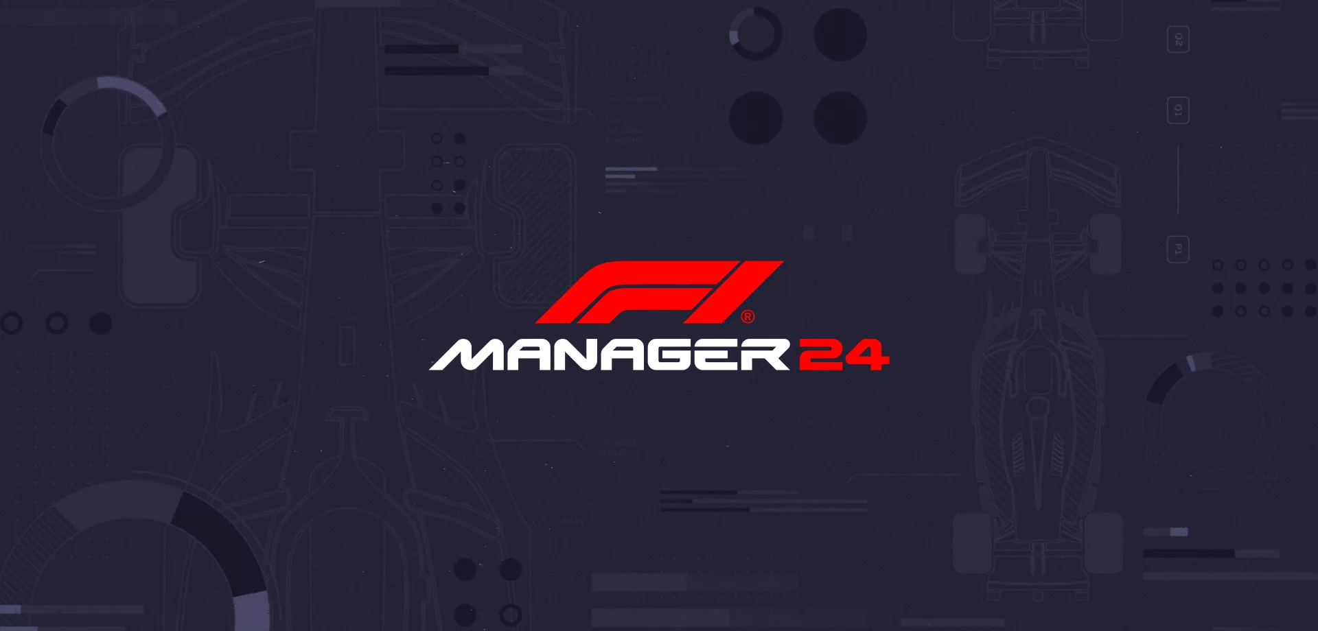 Logo de F1 Manager 24 em um fundo com esquemas de engenharia de um carro de F1.