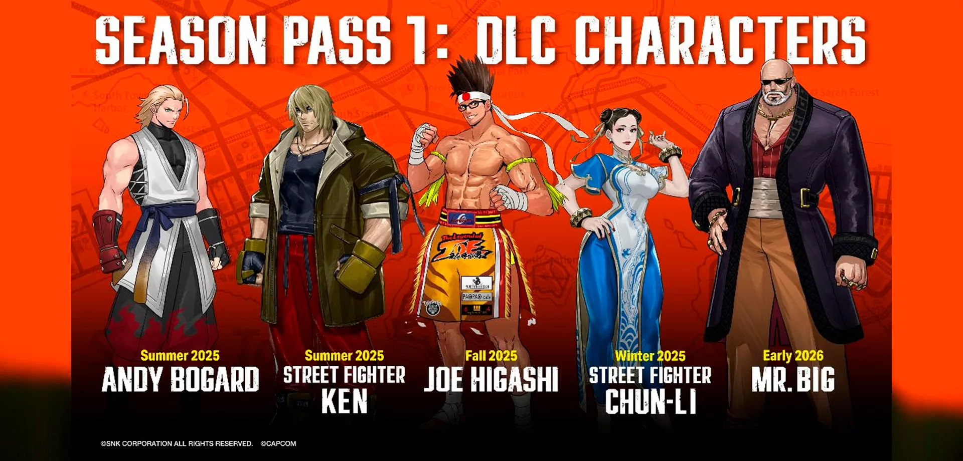 Fatal Fury: City of the Wolves e seus personagens de passe de temporada 1 - Andy, Ken, Joe, Chun-li e Mr. Big.