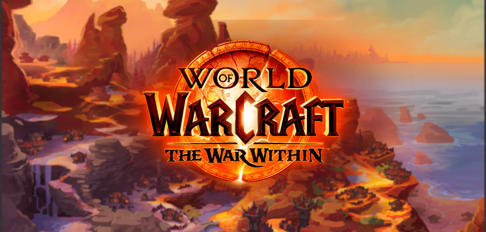 Imagem conceitual dos locais de moradia de World of Warcraft e a logo de The War Within.