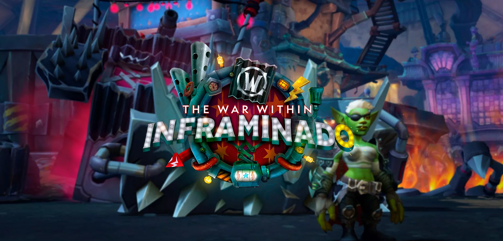 Fundo com carro goblin e uma personagem goblin e a logo de The War Within Inframinado.