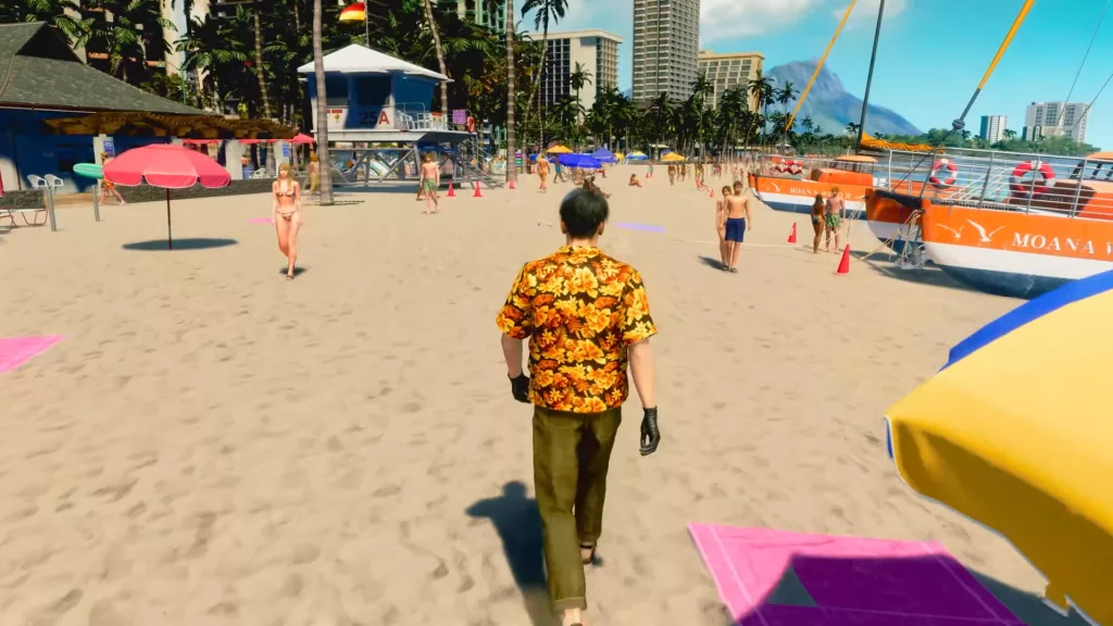 Goro Majima com roupa florida na praia.