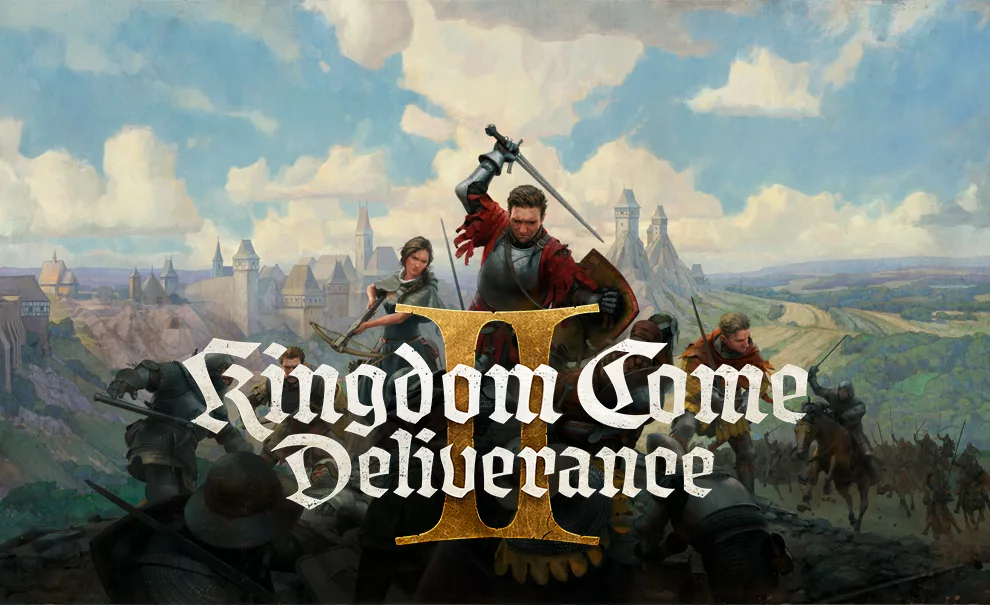 Capa de Kingdom Come Deliverance 2 com protagonista do primeiro jogo em destaque em meio a uma batalha campal.