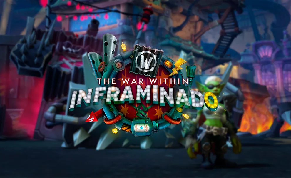 Fundo com carro goblin e uma personagem goblin e a logo de The War Within Inframinado.