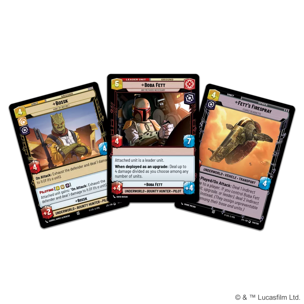 Cards do Deck de vilões, com Bossk, Boba Fett e a Fett's Firespray.