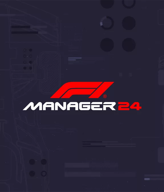 Logo de F1 Manager 24 em um fundo com esquemas de engenharia de um carro de F1.