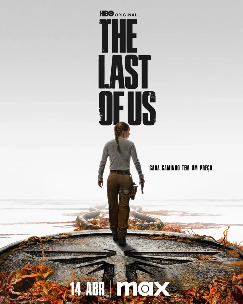 Pôster com logo da série The Last of Us da HBO mostrando a personagem Abby (Kaitlyn Dever) no centro, com uma pistola, olhando para trás e com cenário mostrando um grande pingente de Vagalume como o chão