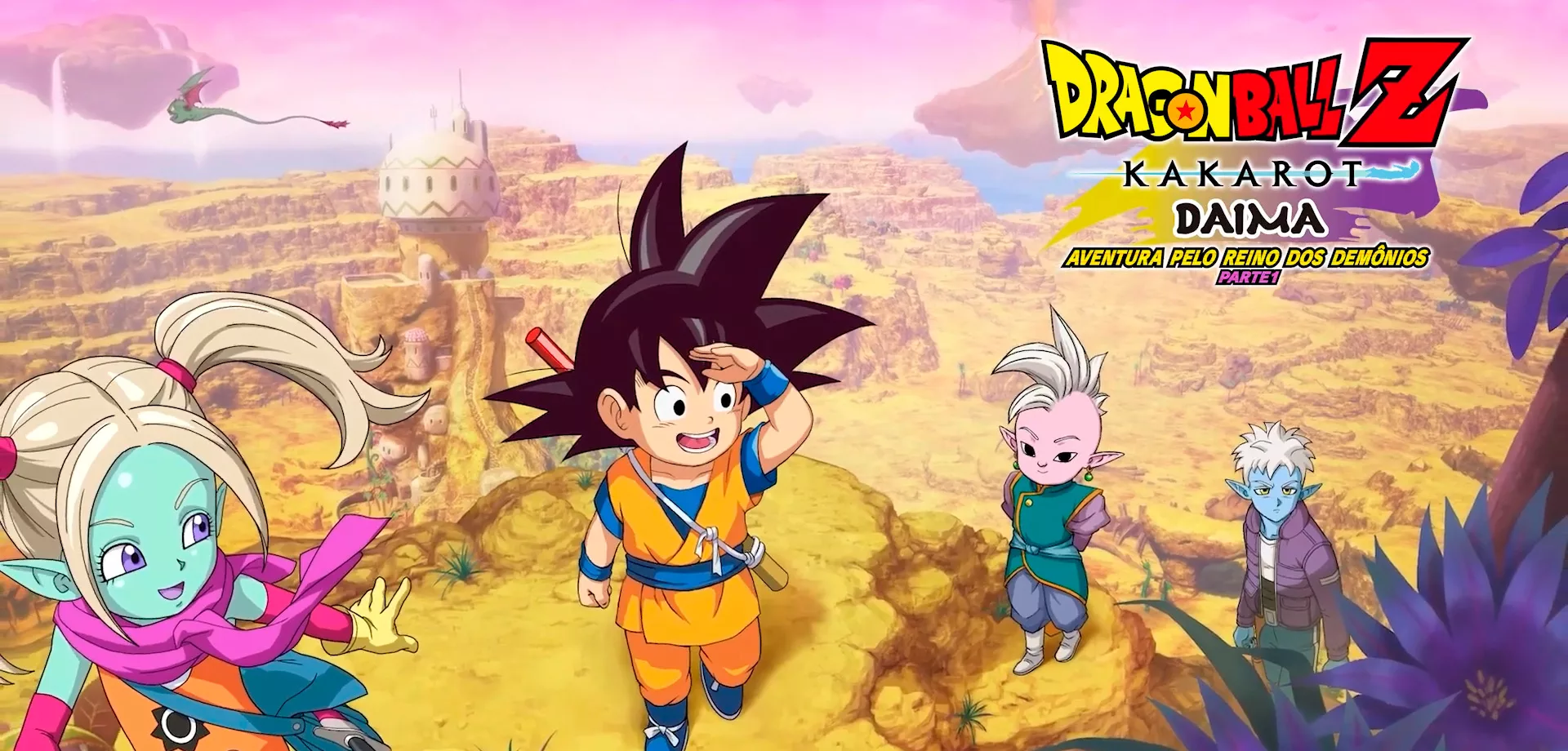 Goku e seus amigos Glorio, Shin e Panzy em Dragon Ball Z Kakarot Daima