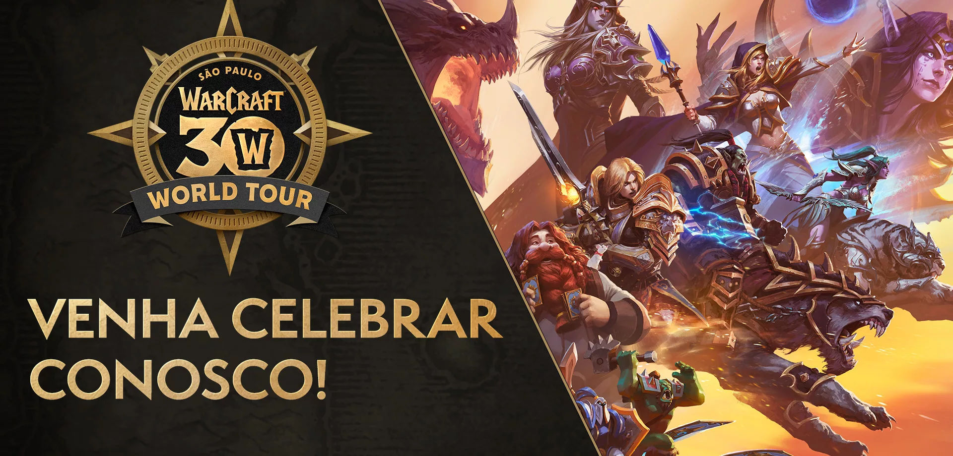 Imagem do Evento Warcraft 30 anos de São Paulo com personagens icônicos da franquia.