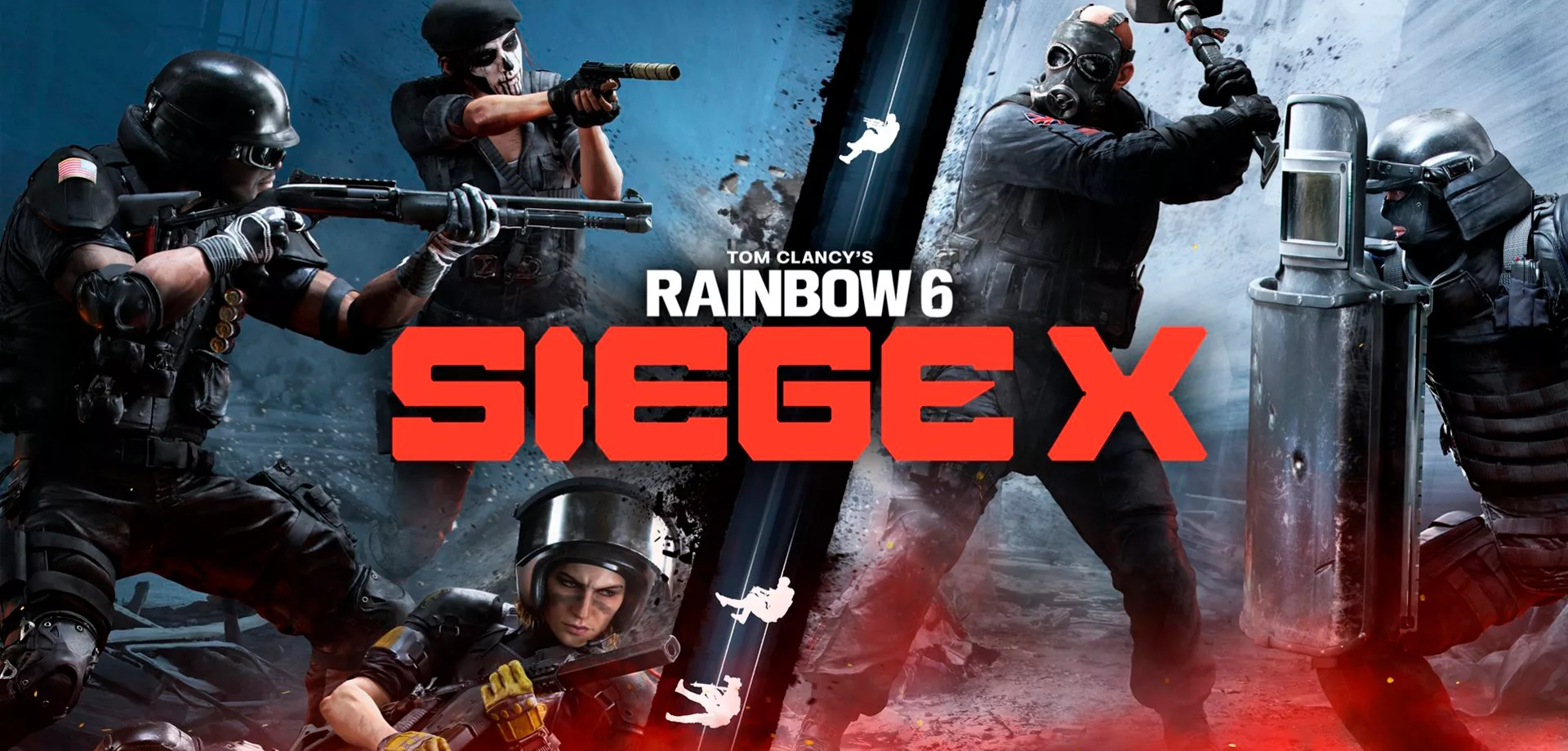 Vários operadores de lados opostos e a logo de Rainbow Six Siege X no meio.