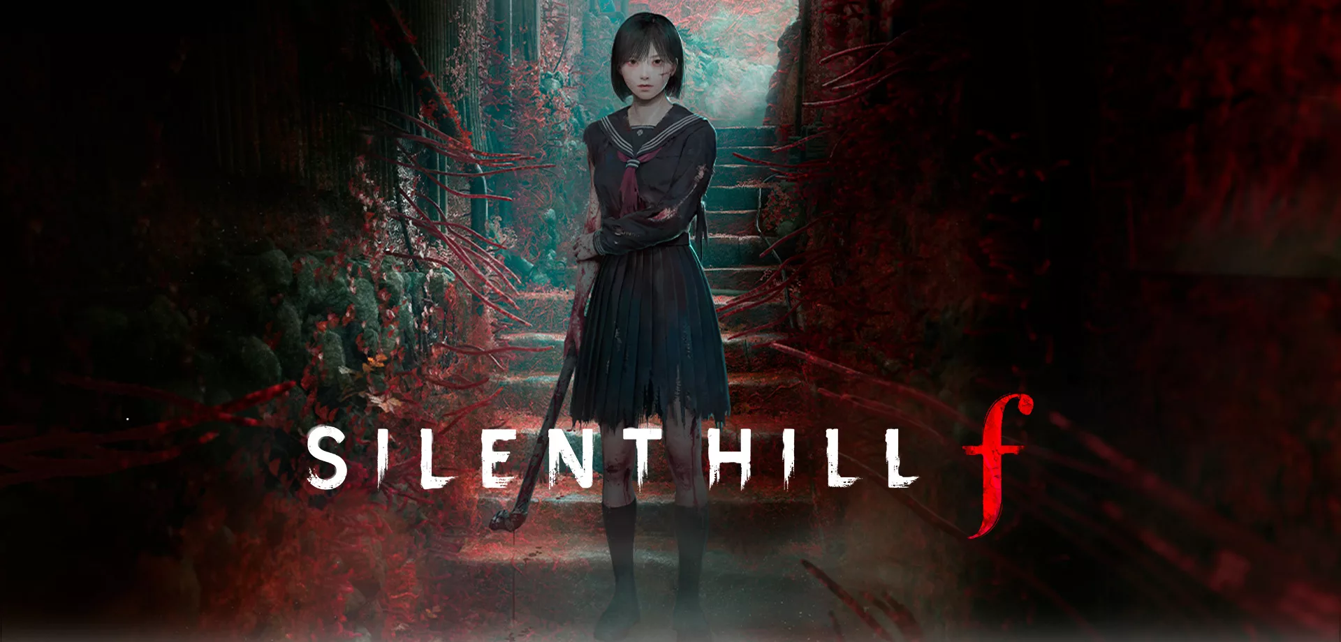 Shimizu Hinako, protagonista do jogo Silent Hill F, segurando um cano de ferro, com roupas rasgadas e vários ferimentos no corpo em meio a um corredor numa escadaria entre flores e tentáculos vermelhos.