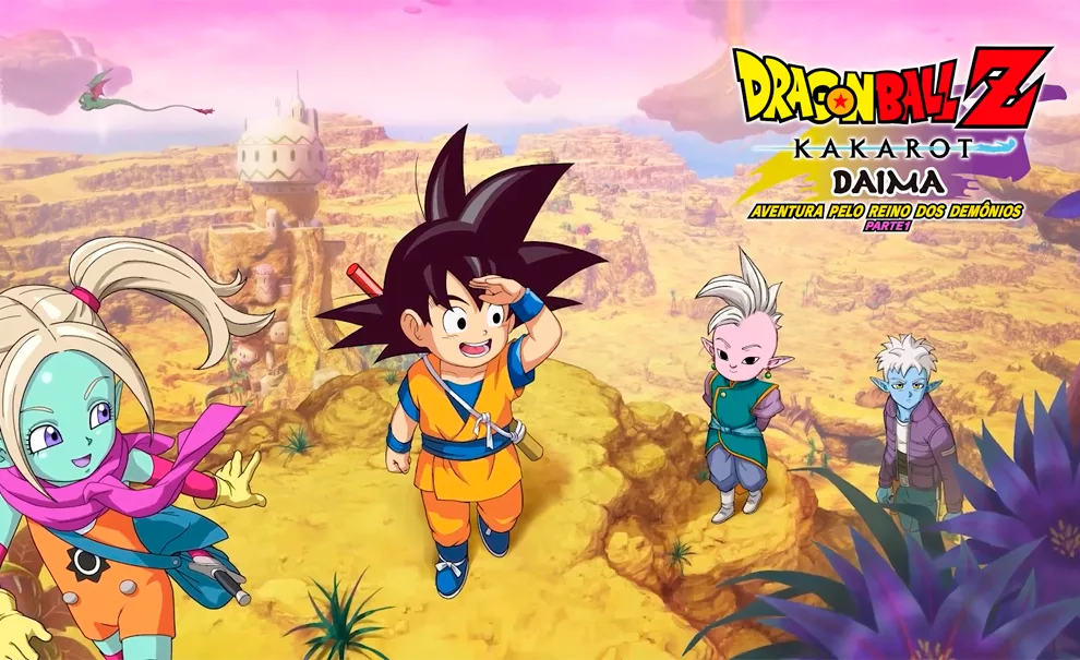 Goku e seus amigos Glorio, Shin e Panzy em Dragon Ball Z Kakarot Daima