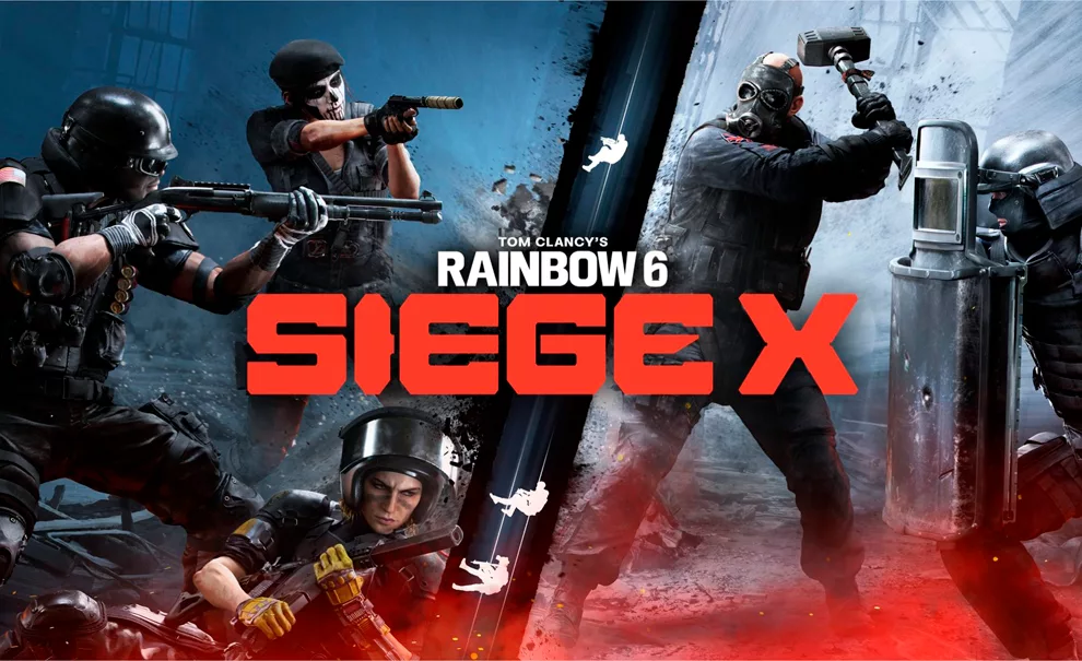 Vários operadores de lados opostos e a logo de Rainbow Six Siege X no meio.