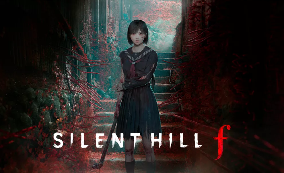 Shimizu Hinako, protagonista do jogo Silent Hill F, segurando um cano de ferro, com roupas rasgadas e vários ferimentos no corpo em meio a um corredor numa escadaria entre flores e tentáculos vermelhos.