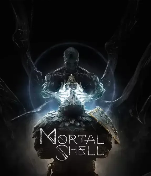 Capa de Mortal Shell com um "espírito" tocando a cabeça de um guerreiro.