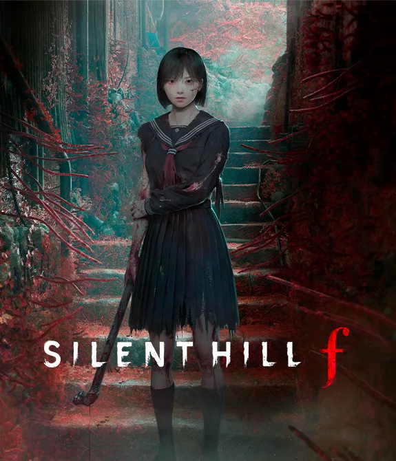 Shimizu Hinako, protagonista do jogo Silent Hill F, segurando um cano de ferro, com roupas rasgadas e vários ferimentos no corpo em meio a um corredor numa escadaria entre flores e tentáculos vermelhos.