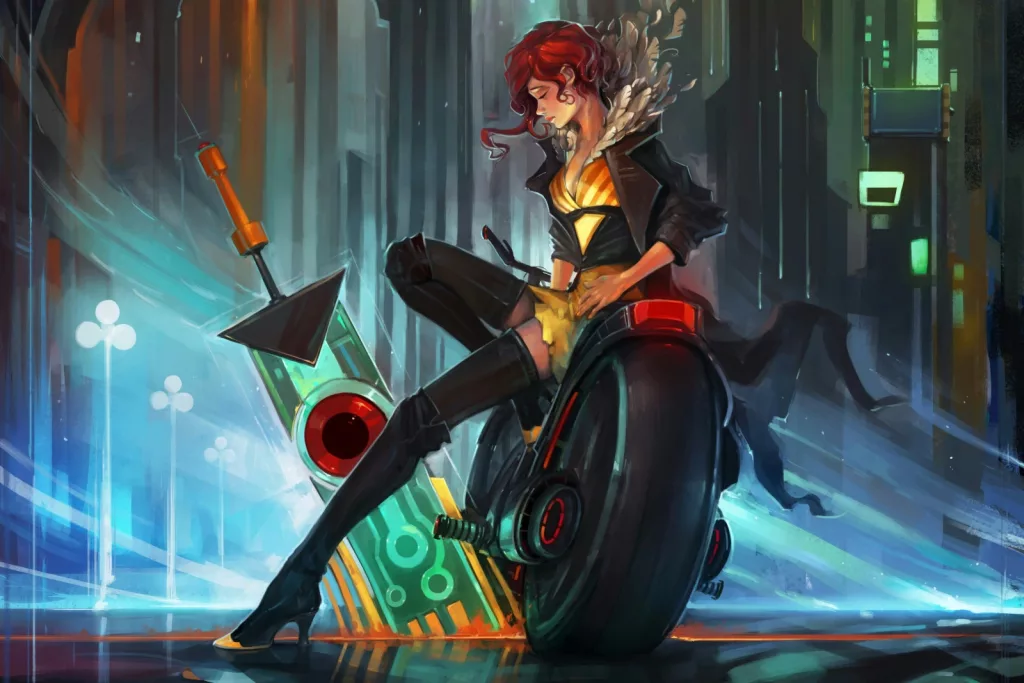 Protagonista Red e a espada Transistor numa cidade futurista.