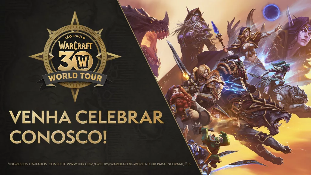 Convite para celebrar os 30 anos de Warcraft em São Paulo.